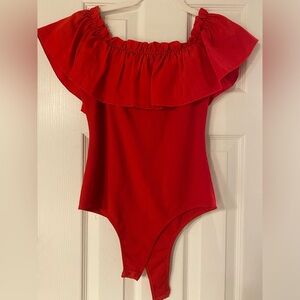 Red off shoulder body suit